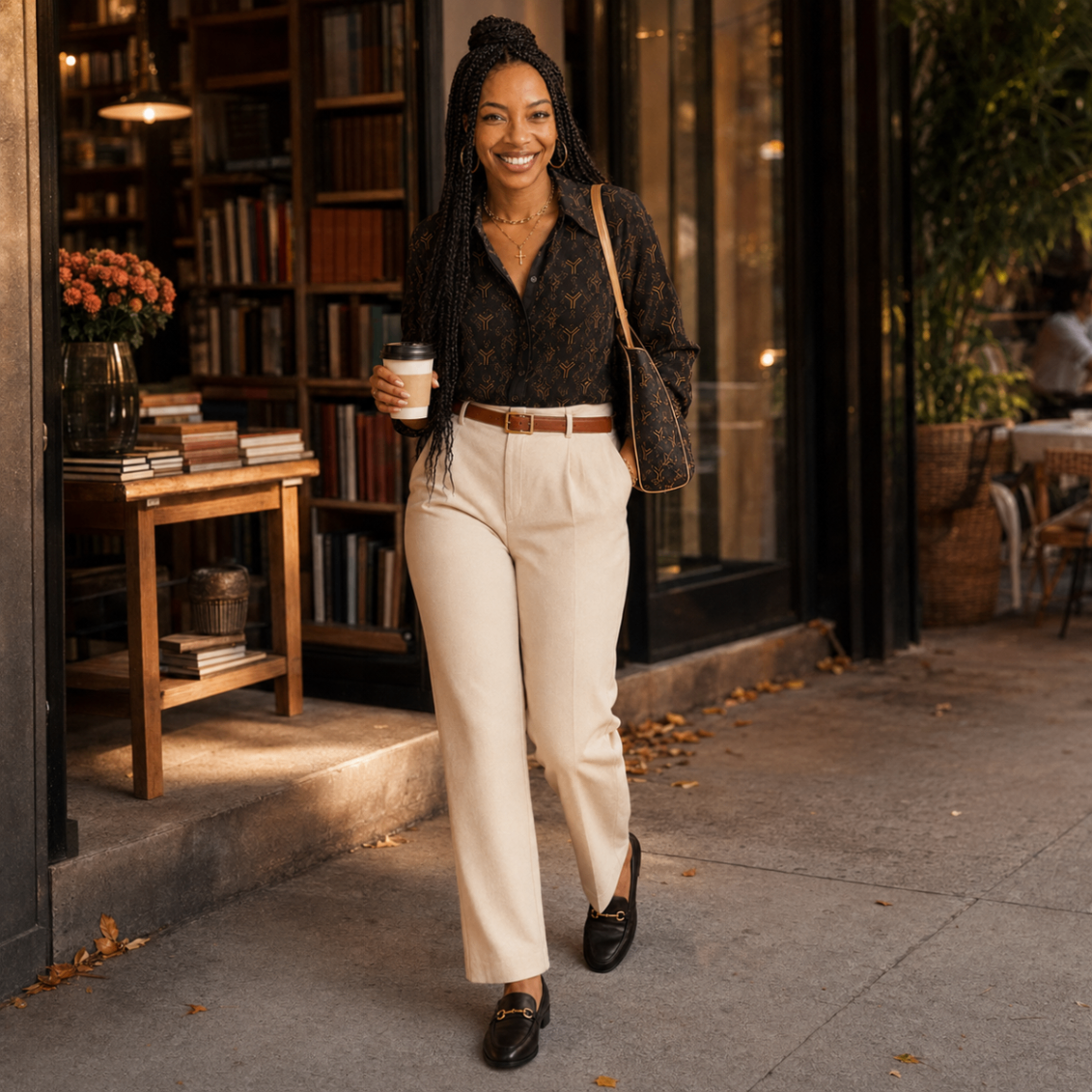 Whit Dubo walking past a bookstore café with coffee in hand